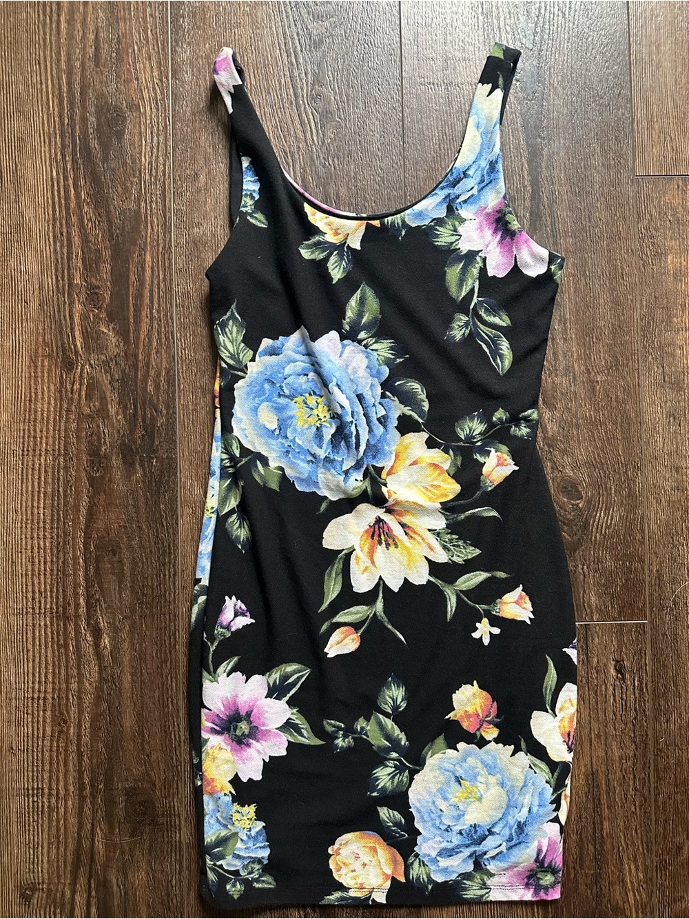iris Black Floral Bodycon Mini Dress with Blue & Yellow Blooms
